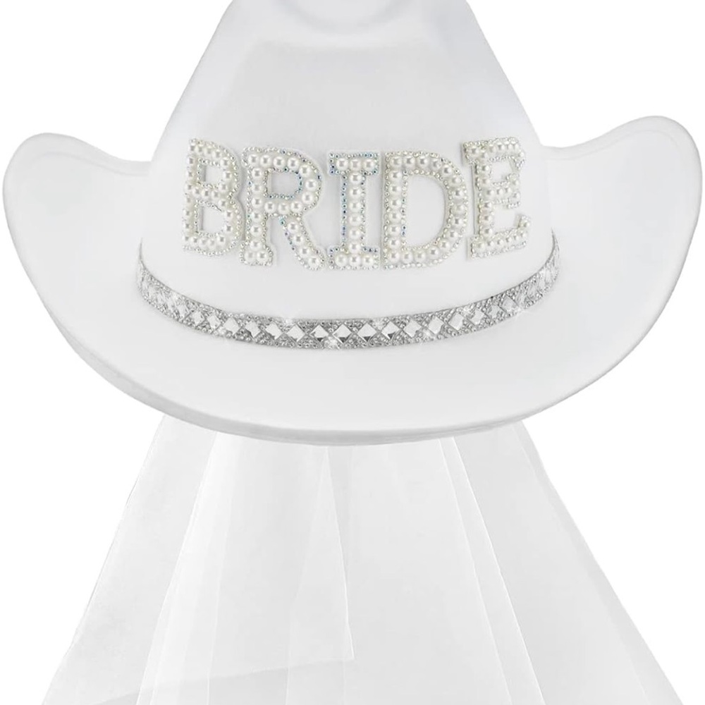 White Bride Cowboy Hat with Veil – One Size – Excellent Used Condition